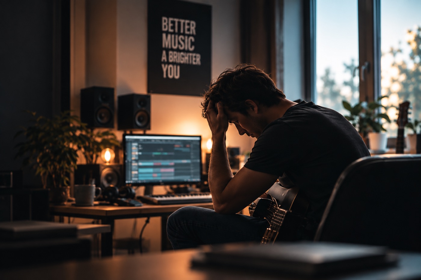 Producer stuck on an unfinished track in a home studio